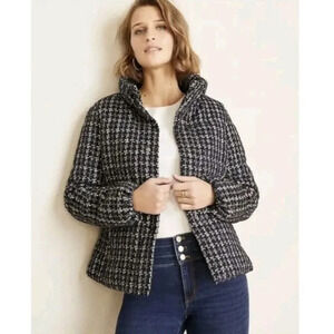 $198 Ann Taylor sz L Navy Tweed Knit Quilted Puffer Jacket Coat Preppy Classic